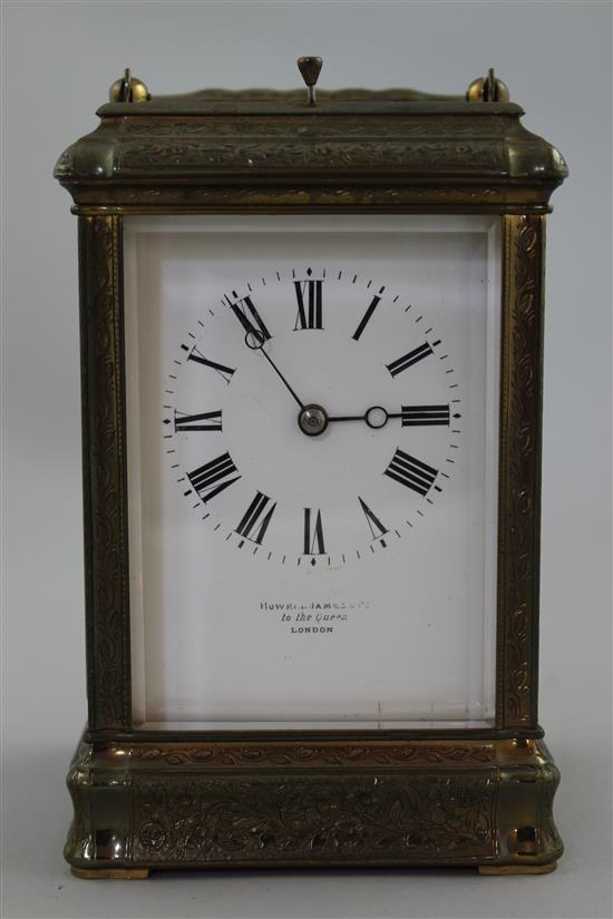 Margaine. A 19th century French engraved brass hour repeating carriage clock, 6in.